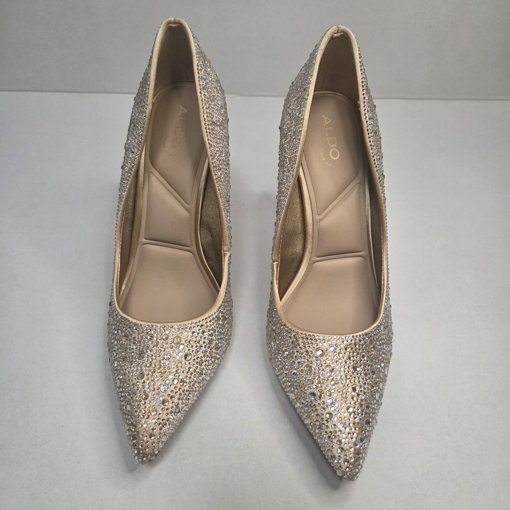 ALDO Stessy2 Crystal Embellished Pointed Toe Stiletto Pumps Champagne Nude Heels - Picture 4 of 13